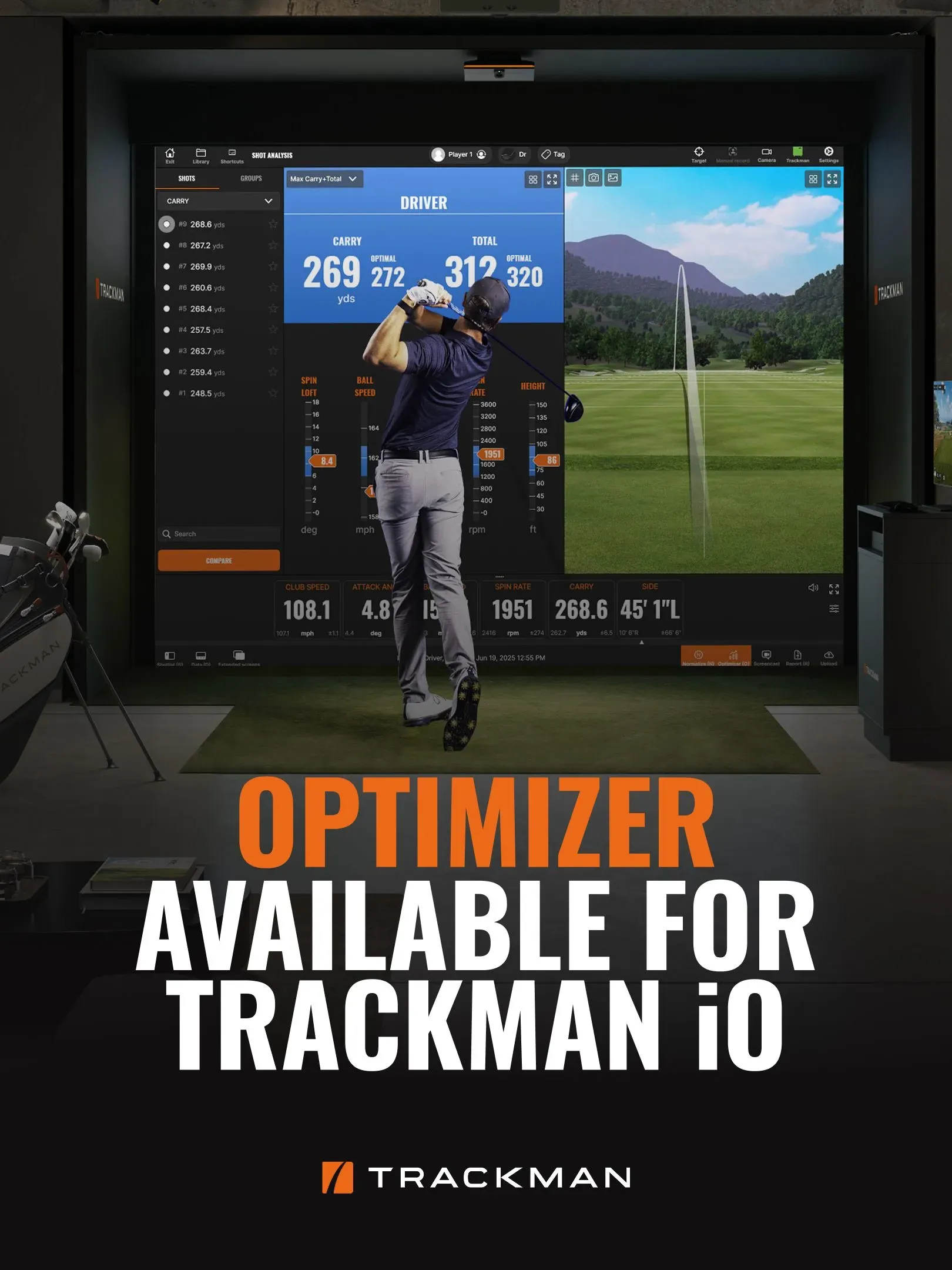 TrackMan shot optimiser screen at a Virtual Fairways simulator bay